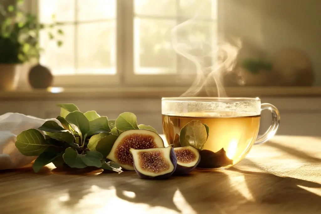 Ingredients for making fig leaf tea, including dried and fresh fig leaves.
