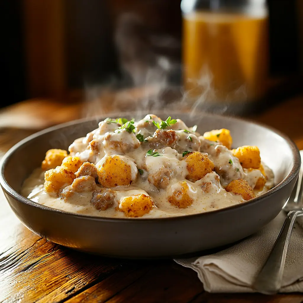 tater tot breakfast bowl with sausage gravy