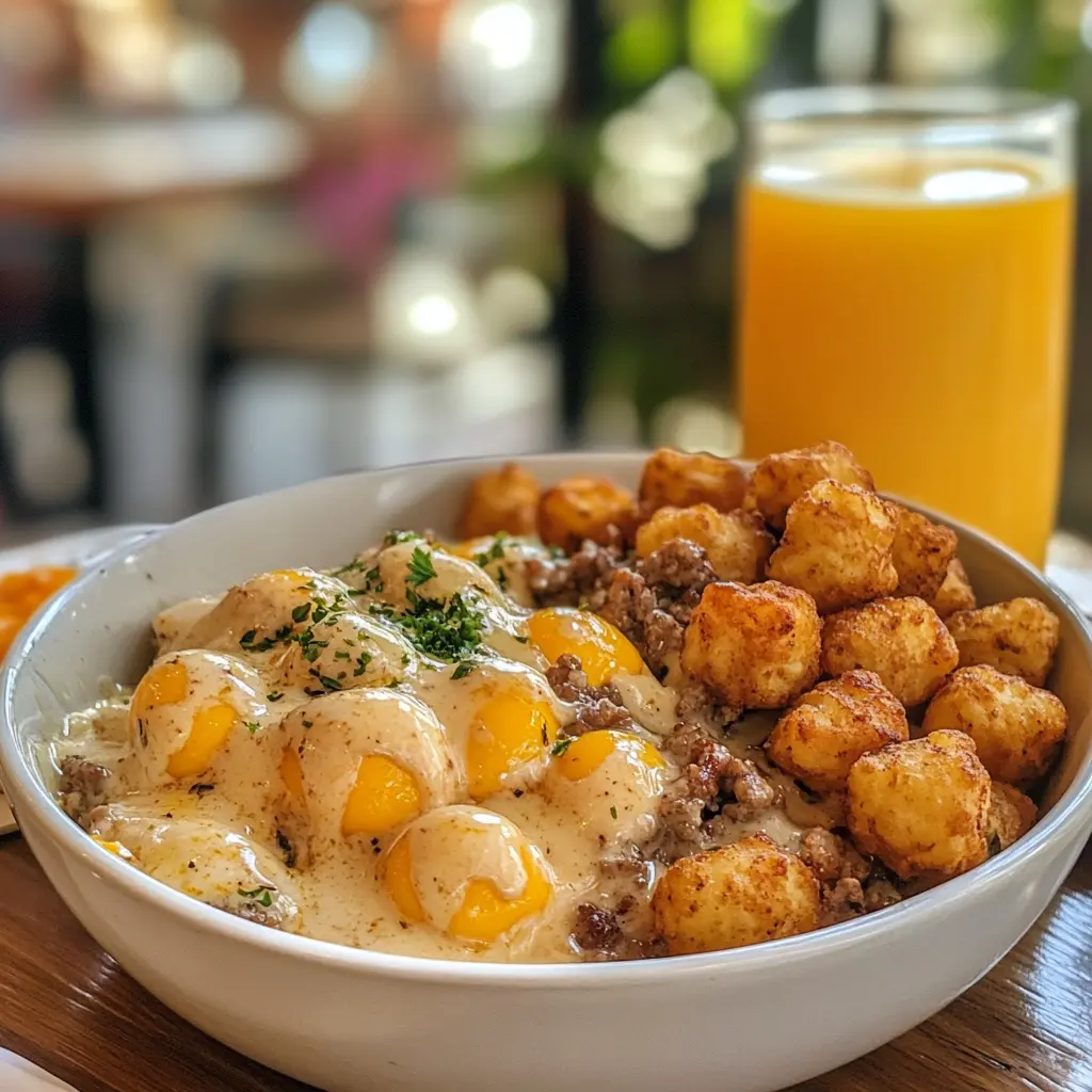 tater tot breakfast bowl with sausage gravy