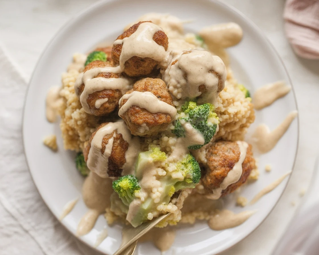 Delicious ranch chicken meatballs served with broccoli couscous