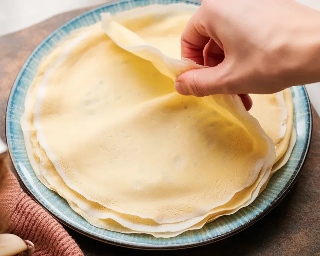 Homemade egg roll skins ready for filling and frying to create delicious egg rolls.