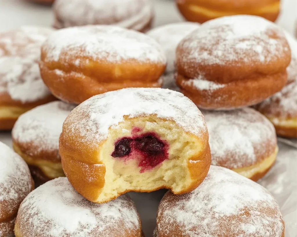 Delicious homemade Polish paczki donuts filled with jam and rolled in sugar.
