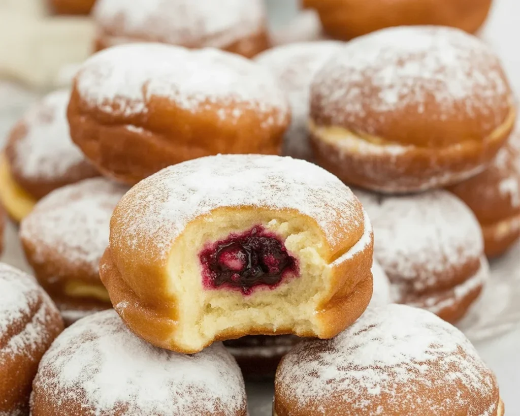 Homemade paczki filled with jam, traditional Polish donuts on a plate
