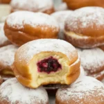 Homemade paczki filled with jam, traditional Polish donuts on a plate