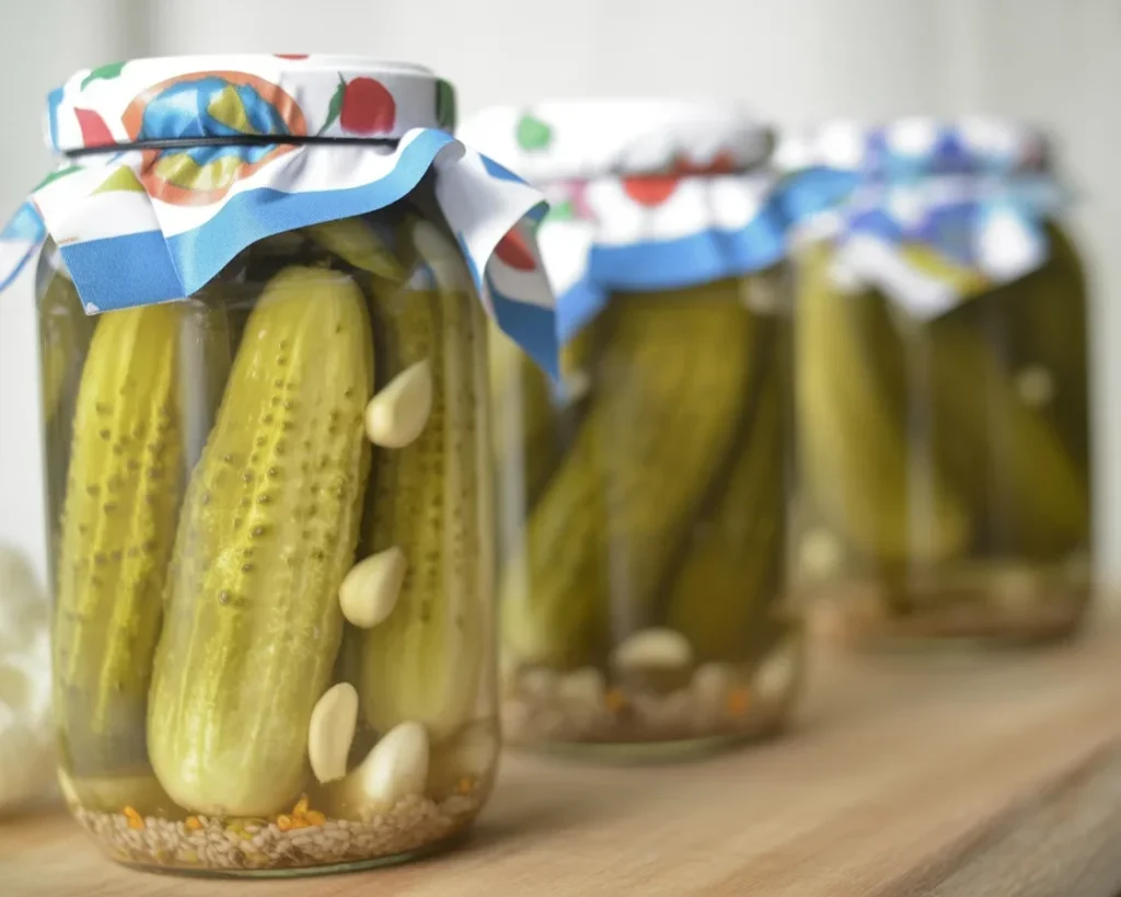 Delicious homemade Polish pickled cucumbers (ogórki kiszone) in a jar.
