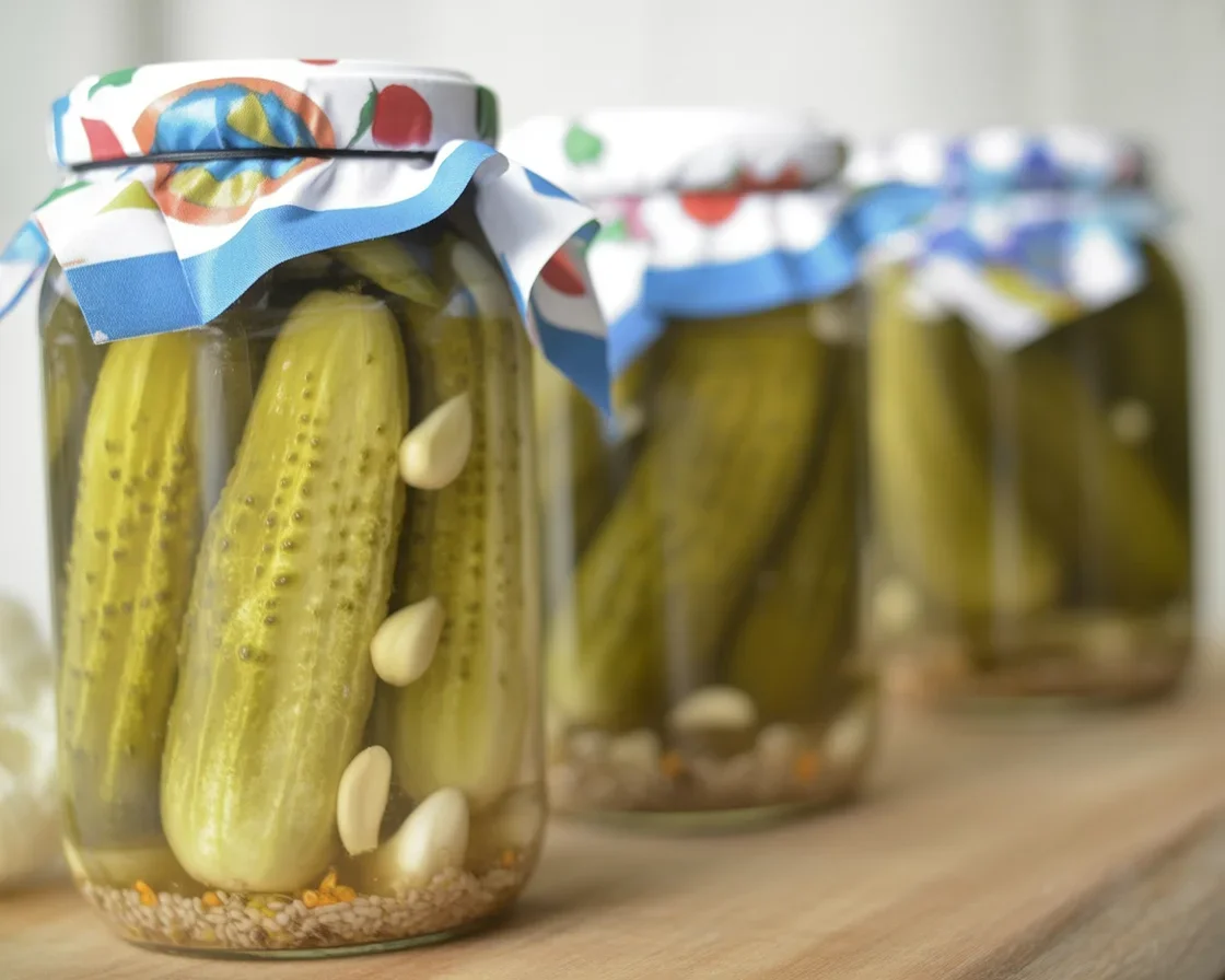 Delicious homemade Polish pickled cucumbers (ogórki kiszone) in a jar.