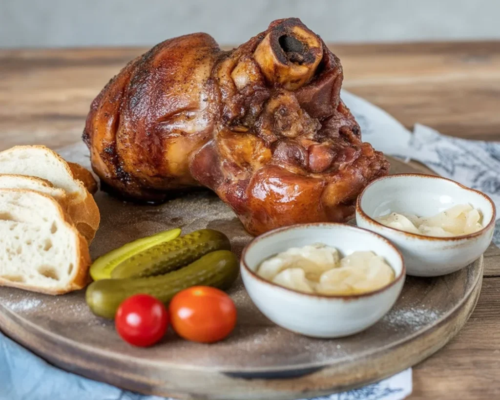 Beautifully roasted pork knuckle with crispy skin served with beer sauce.