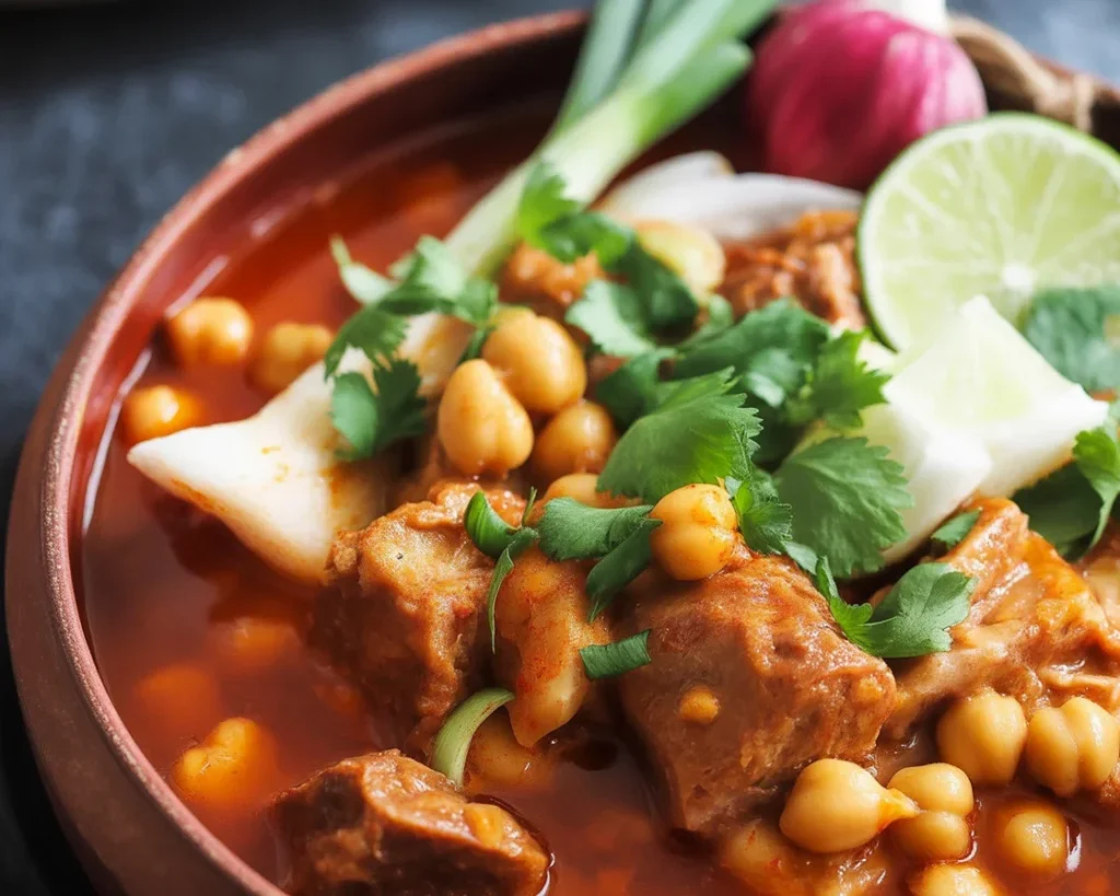 A bowl of authentic pozole hominy stew garnished with cabbage, cilantro, and lime.