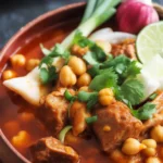 A bowl of authentic pozole hominy stew garnished with cabbage, cilantro, and lime.