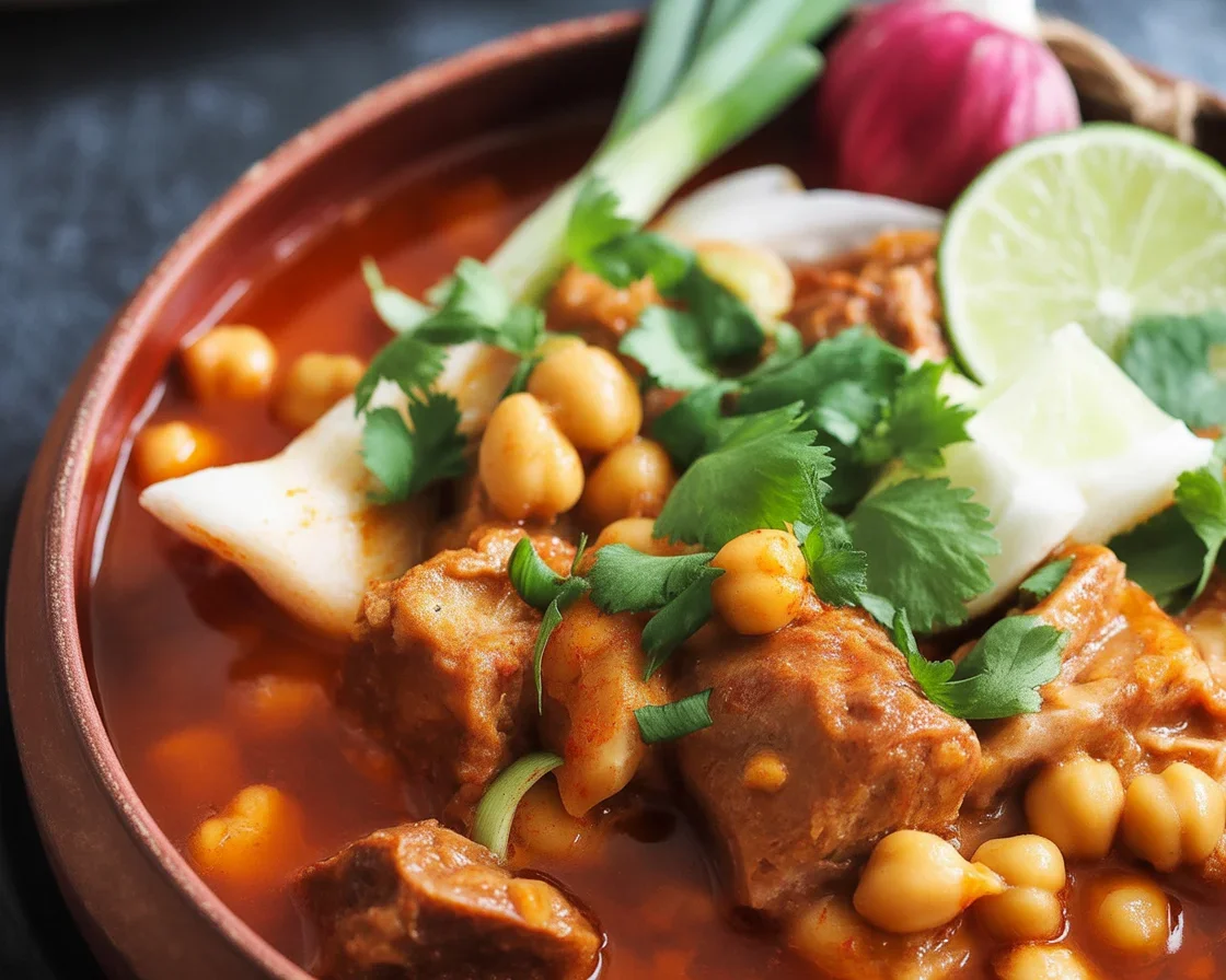 A bowl of authentic pozole hominy stew garnished with cabbage, cilantro, and lime.