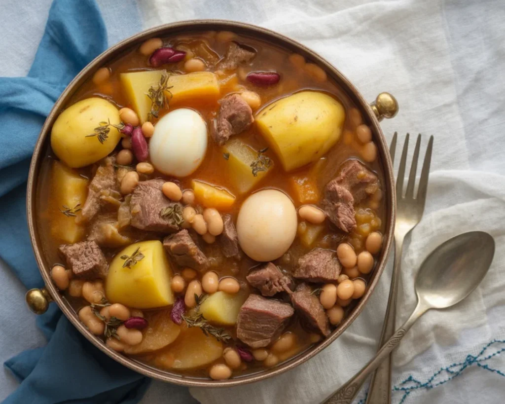 Delicious bowl of hamin, a traditional Jewish slow-cooked stew for Shabbat