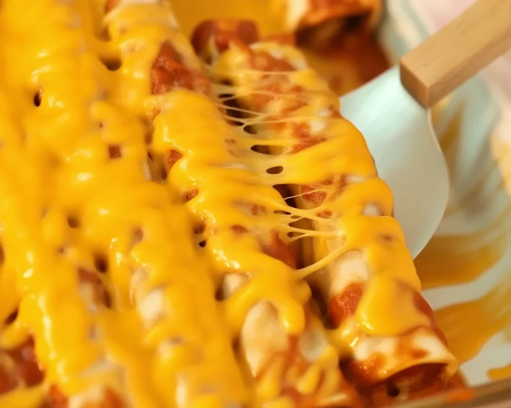Lazy Enchiladas made with frozen taquitos, enchilada sauce, and cheese in a casserole dish.