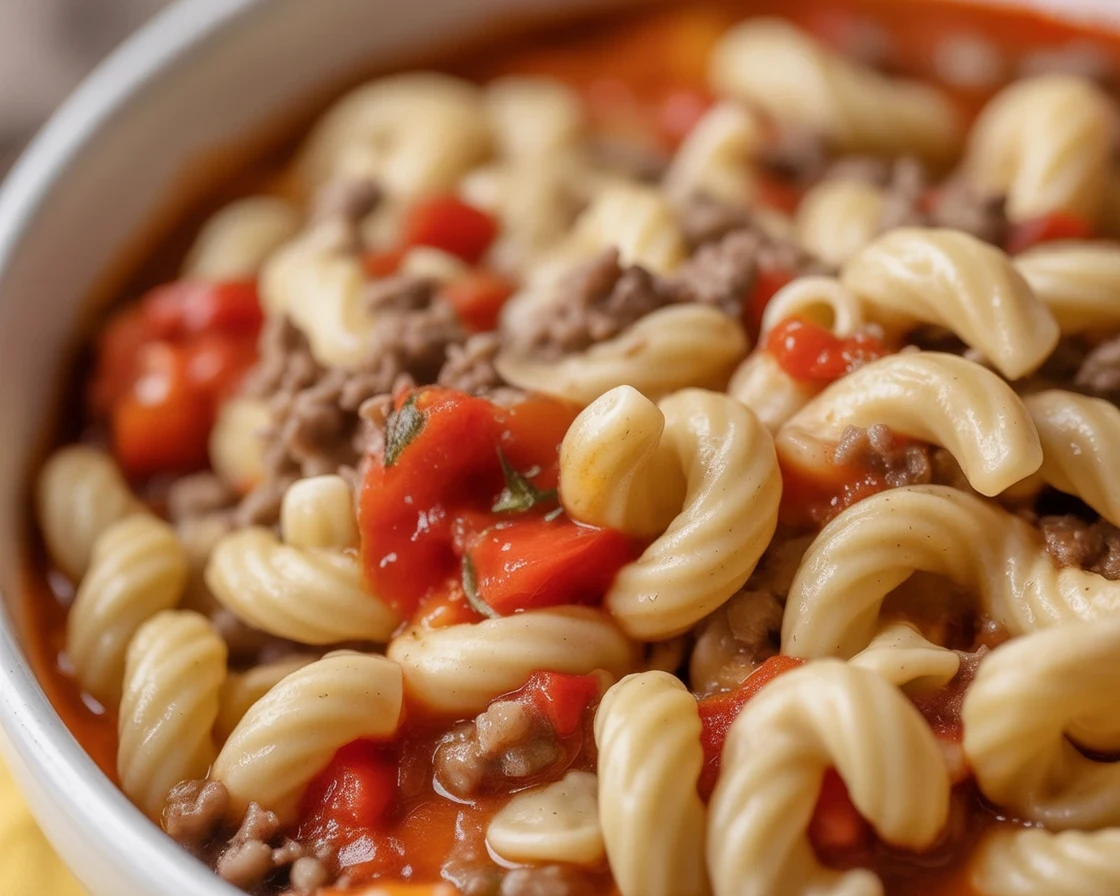 Bowl of hearty mac soup with ground beef, macaroni, and tomatoes.
