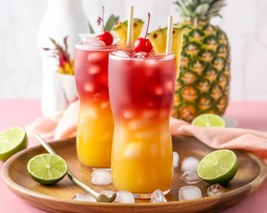 Malibu Bay Breeze cocktail featuring Malibu Rum, pineapple juice, and cranberry juice.