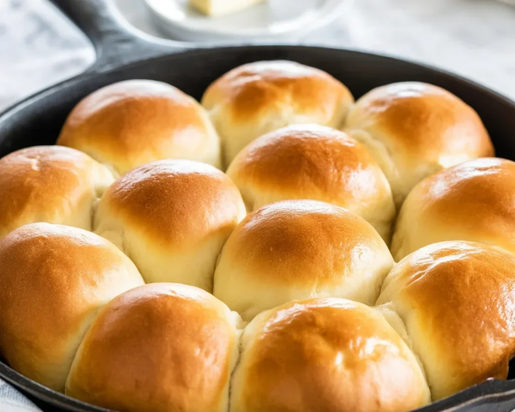 Fluffy and delicious easy yeast buns served warm on a plate.