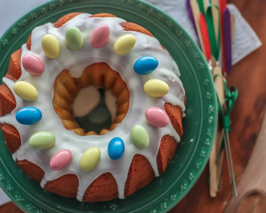 Polish Babka cake, a traditional Easter bundt cake filled with raisins and iced.